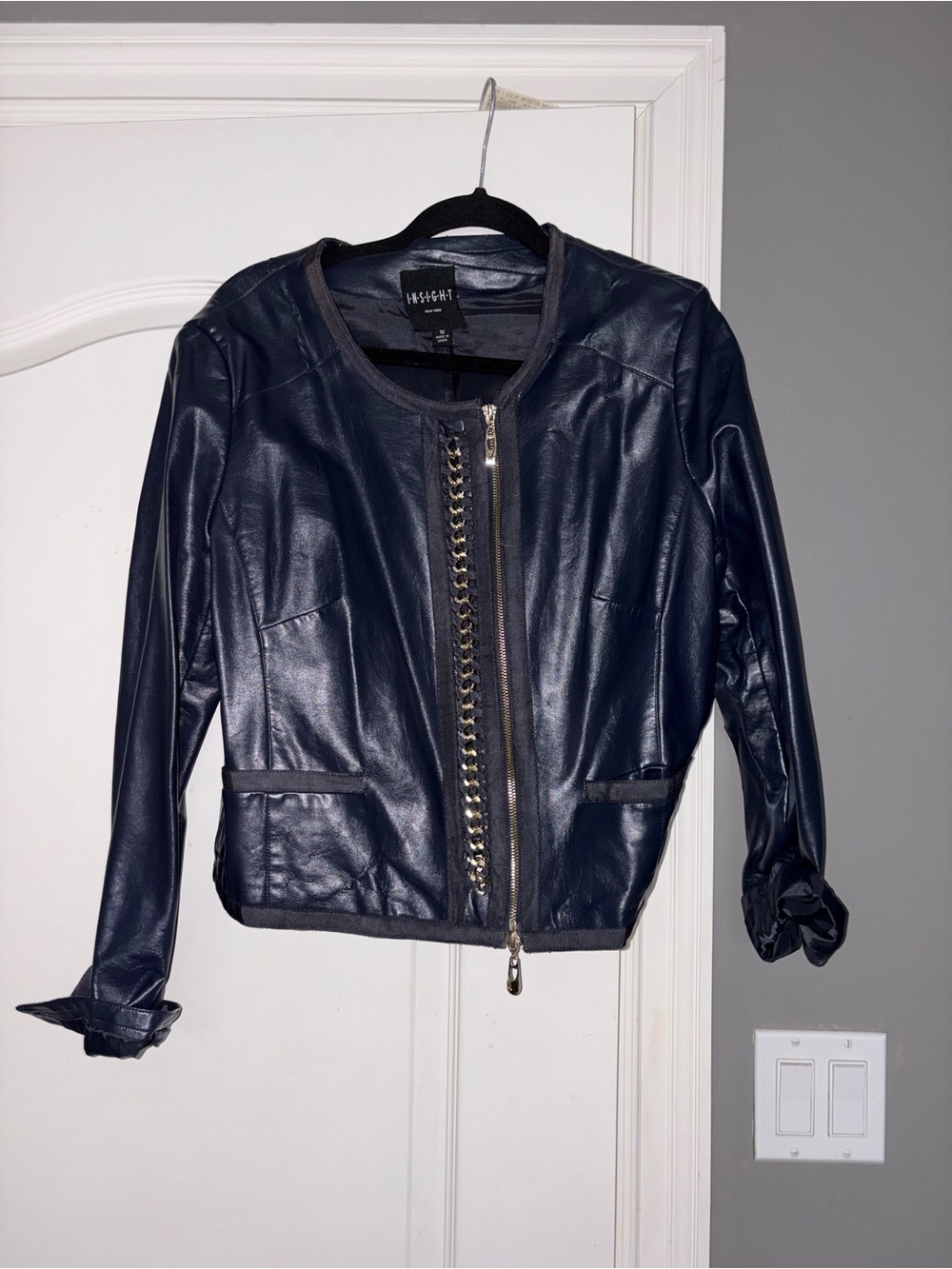Navy Faux Leather Moto Jacket with Center Zipper